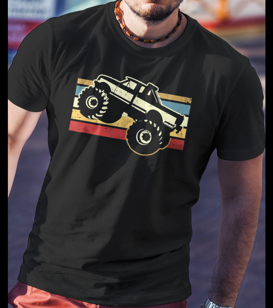 Vintage Monster Truck Retro Stripes Men Boy T-Shirt