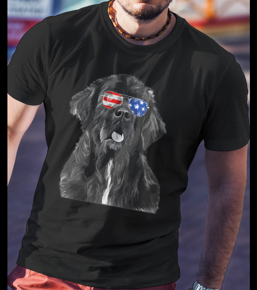 Vintage Newfoundland Dog With American Flag Glasses T-Shirt
