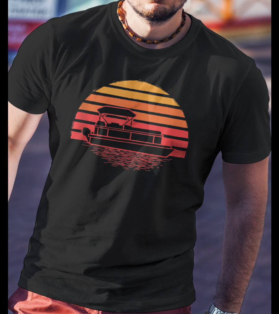 Vintage Sunset Pontoon Boat Silhouette Funny Boating T-Shirt