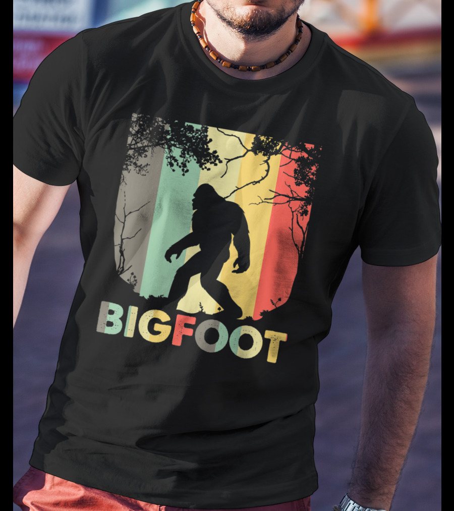 Bigfoot Silhouette Retro Forest Stripes T-Shirt