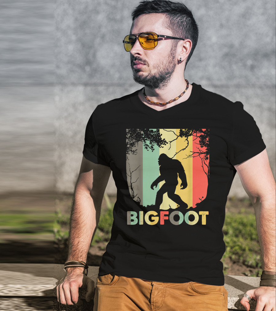 Bigfoot Silhouette Retro Forest Stripes T-Shirt