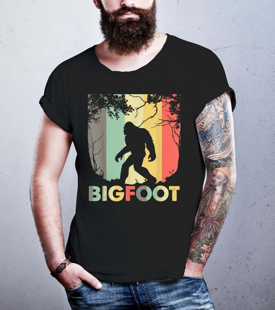 Bigfoot Silhouette Retro Forest Stripes T-Shirt