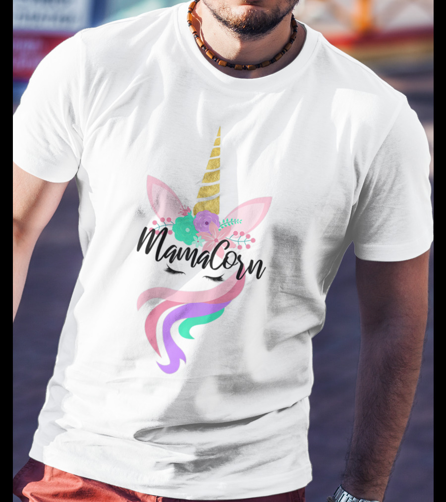 Mamacorn Cute Unicorn Gold Horn Floral Ears Rainbow Mane T-Shirt