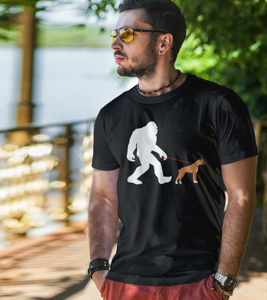 Bigfoot Sasquatch Walking Boxer Dog Novelty T-Shirt