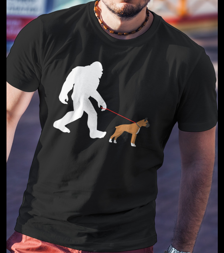 Bigfoot Sasquatch Walking Boxer Dog Novelty T-Shirt