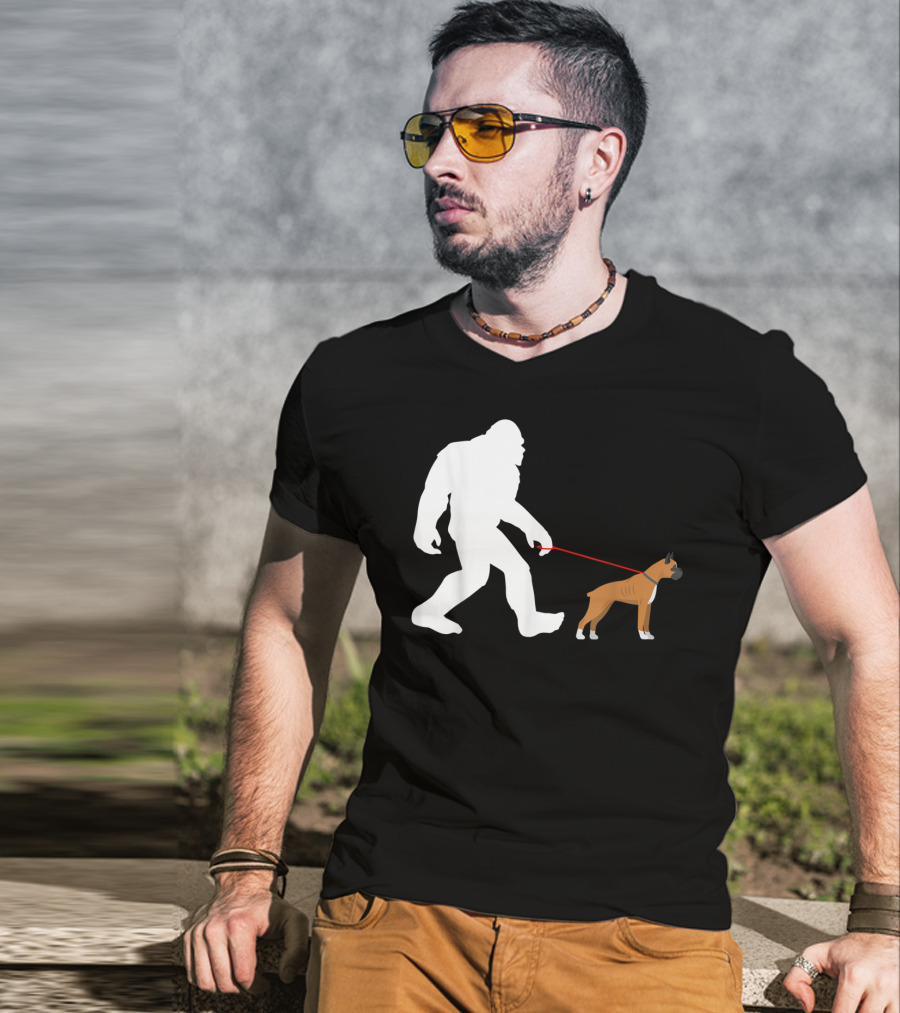 Bigfoot Sasquatch Walking Boxer Dog Novelty T-Shirt