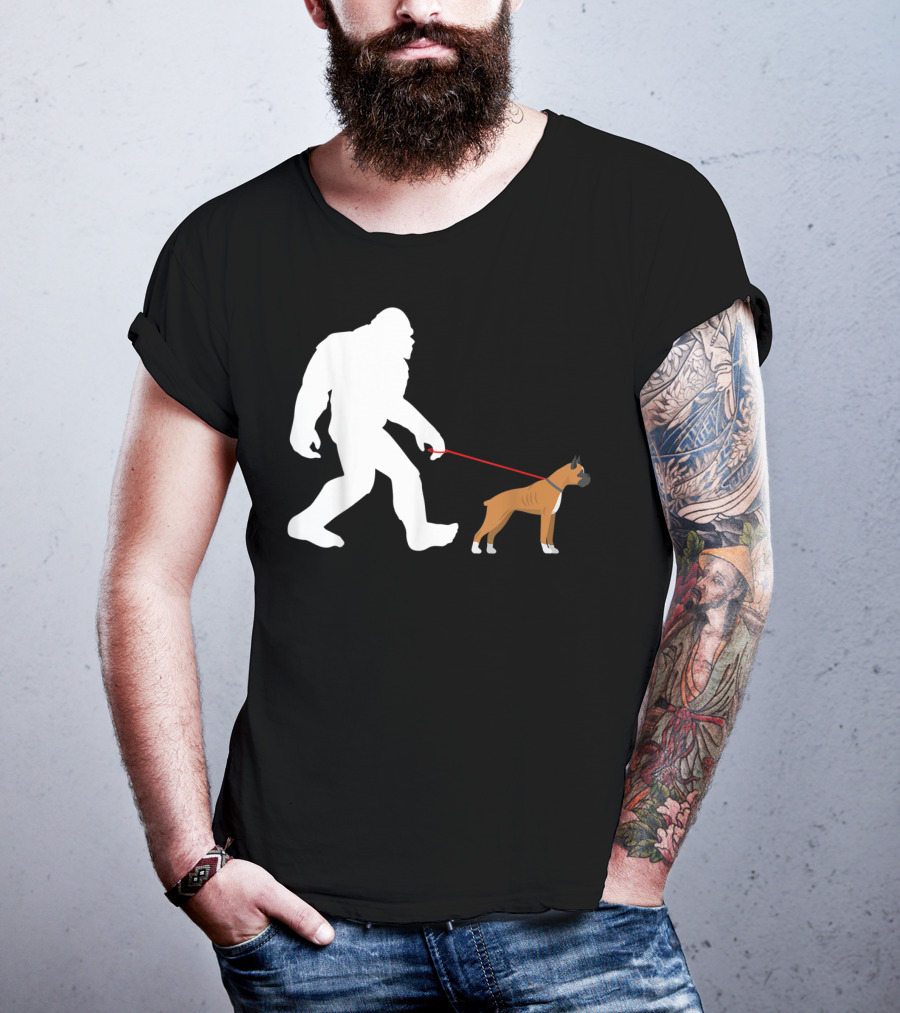 Bigfoot Sasquatch Walking Boxer Dog Novelty T-Shirt