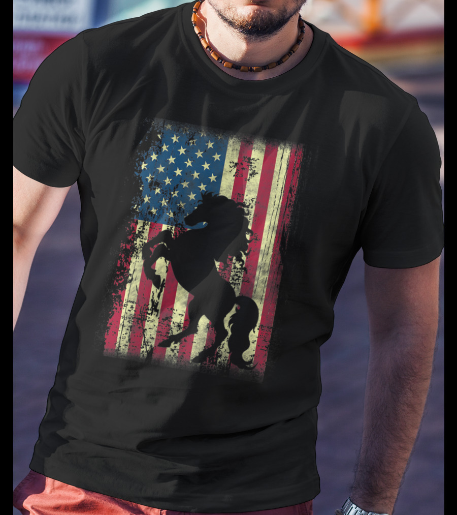USA Patriotic Horse And American Flag T-Shirt