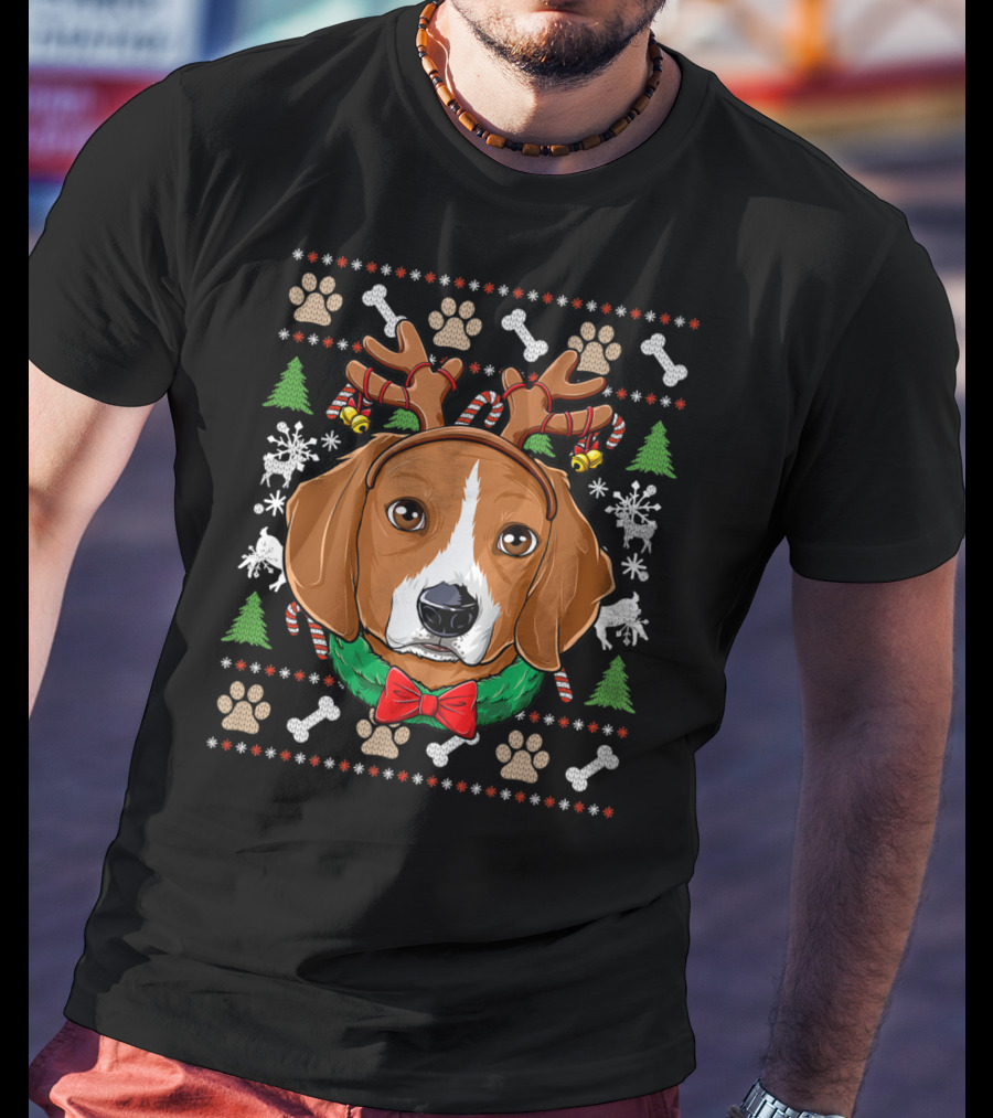 Beagle Reindeer Antlers Ugly Christmas Sweater Paw Prints T-Shirt