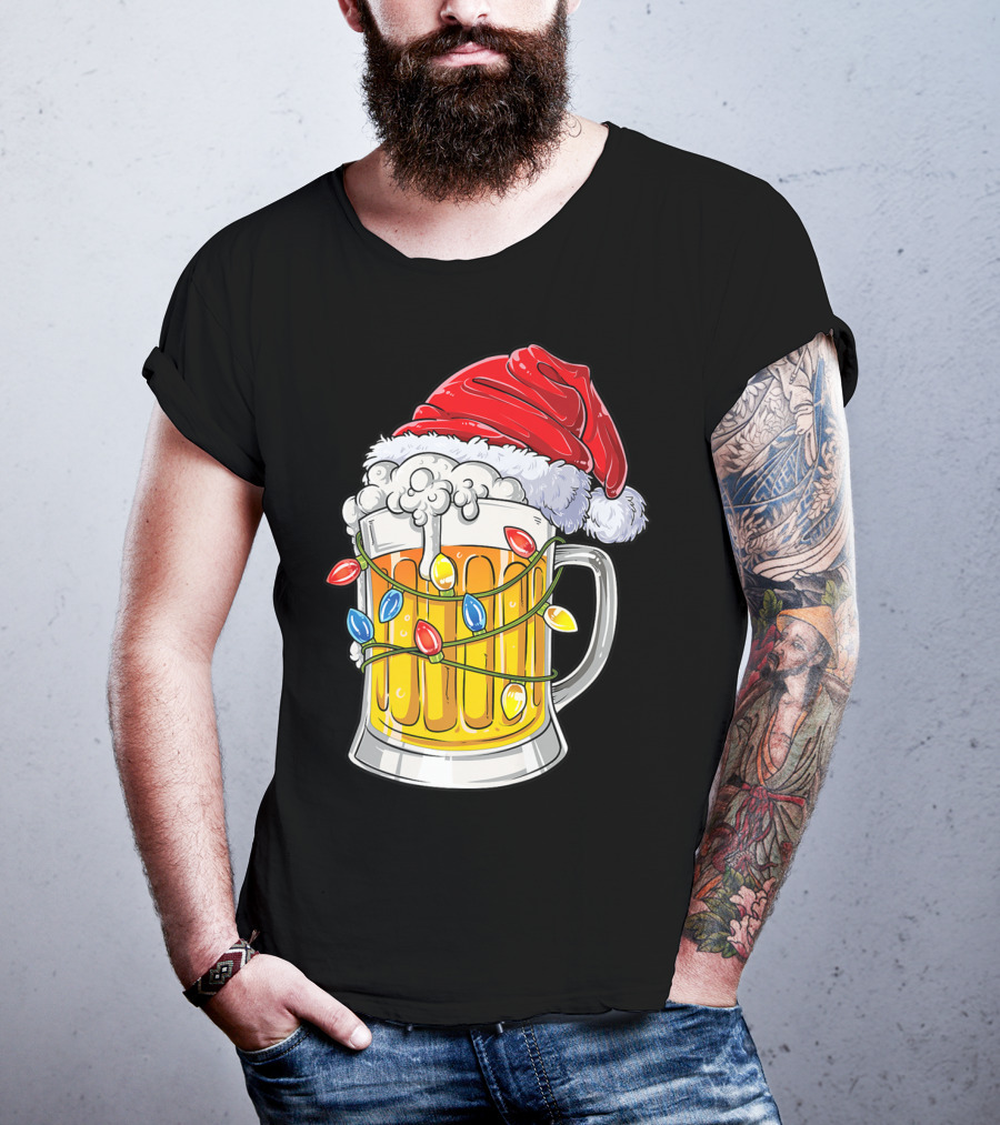 Beer Santa Hat Christmas Lights Holiday Cheer T-Shirt