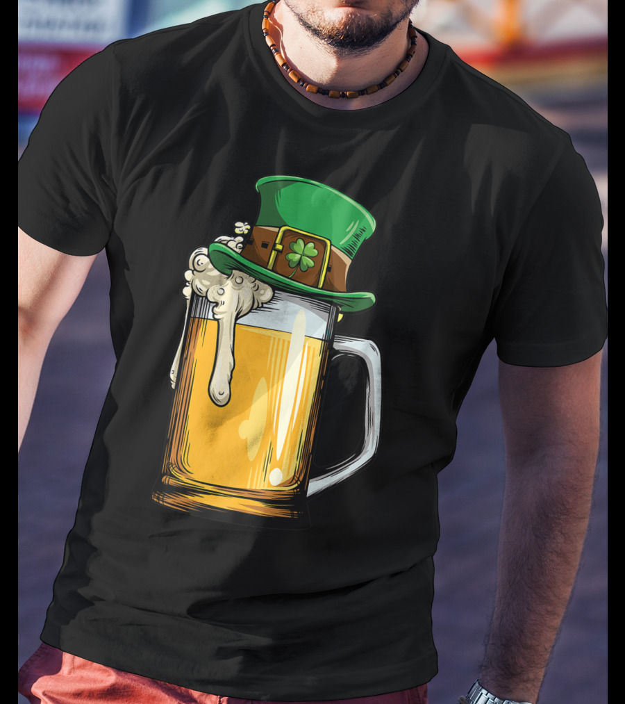Leprechaun Hat Overflowing Beer Mug With Shamrock Foam T-Shirt
