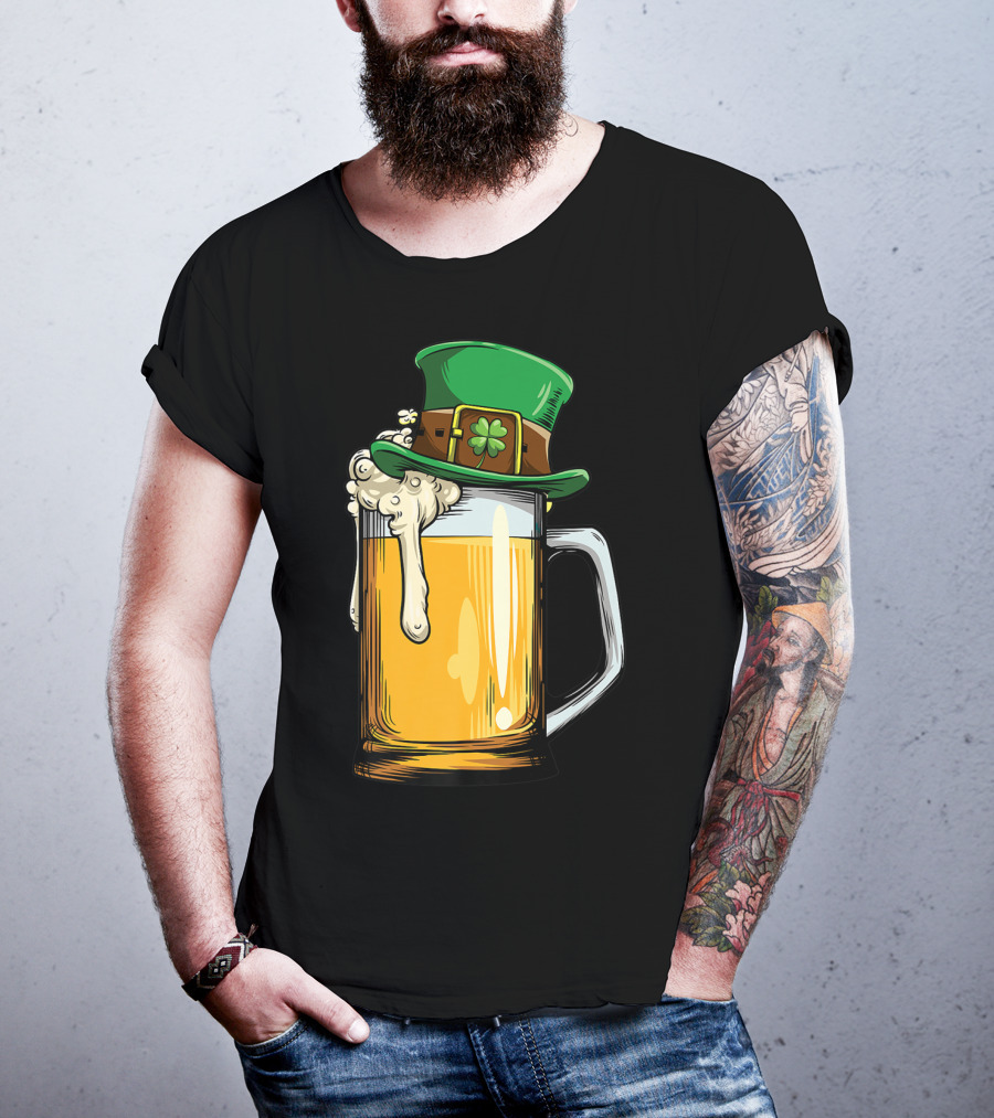 Leprechaun Hat Overflowing Beer Mug With Shamrock Foam T-Shirt