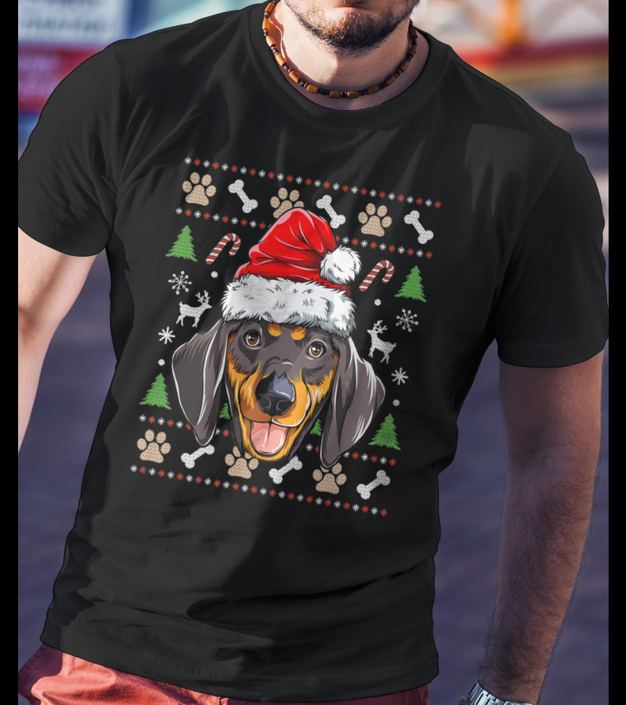 Dachshund Christmas Santa Hat Ugly Sweater Dog With Trees And Candy Canes T-Shirt