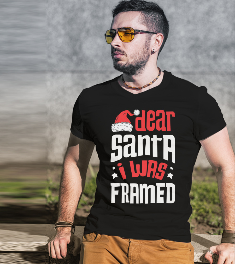 Dear Santa I Was Framed Christmas Baby Boys Funny Quote With Santa Hat T-Shirt