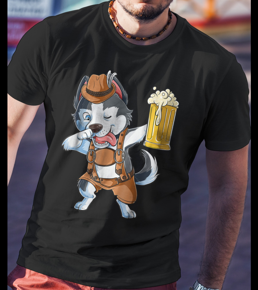 Dabbing Siberian Husky Oktoberfest Lederhosen Beer Mug T-Shirt