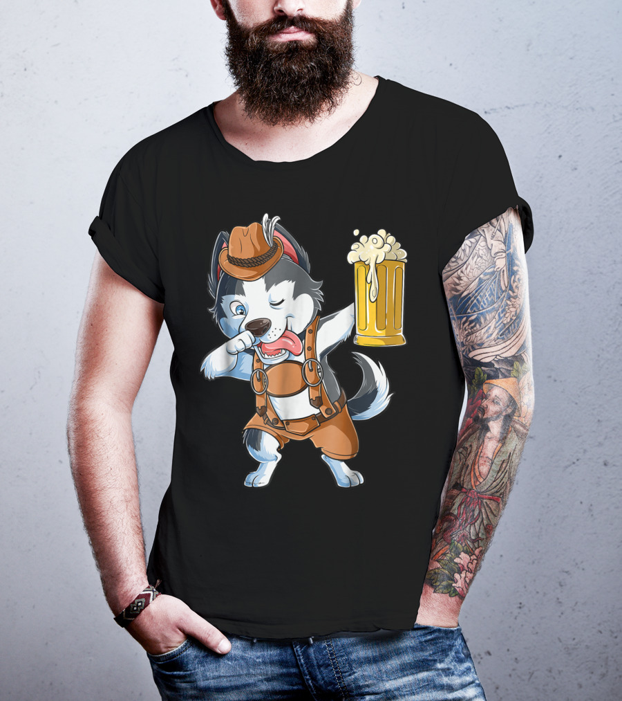 Dabbing Siberian Husky Oktoberfest Lederhosen Beer Mug T-Shirt