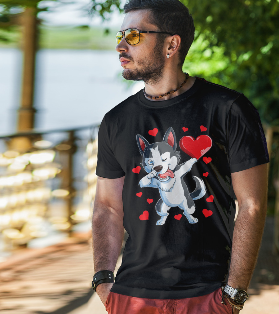 Dabbing Siberian Husky Holding Heart Surrounded By Red Valentine Hearts T-Shirt