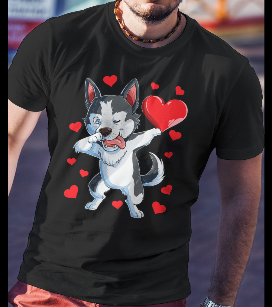 Dabbing Siberian Husky Holding Heart Surrounded By Red Valentine Hearts T-Shirt