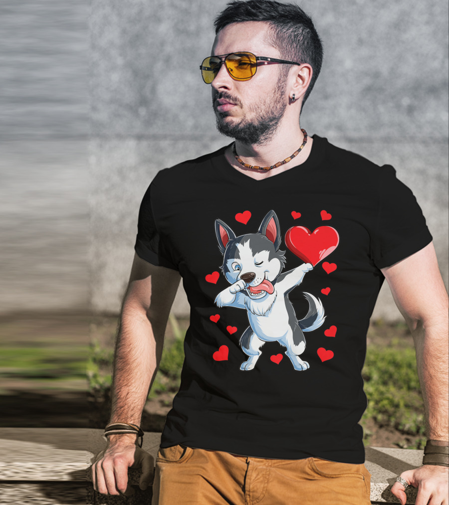 Dabbing Siberian Husky Holding Heart Surrounded By Red Valentine Hearts T-Shirt