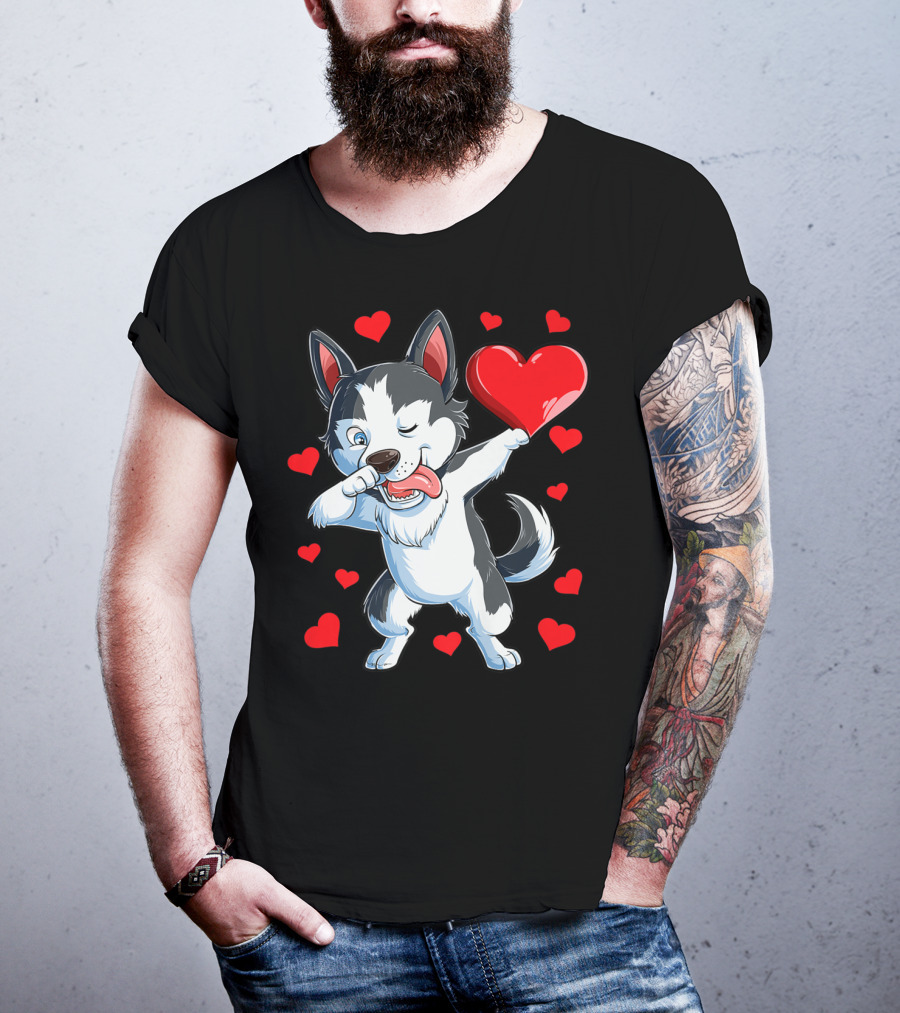 Dabbing Siberian Husky Holding Heart Surrounded By Red Valentine Hearts T-Shirt