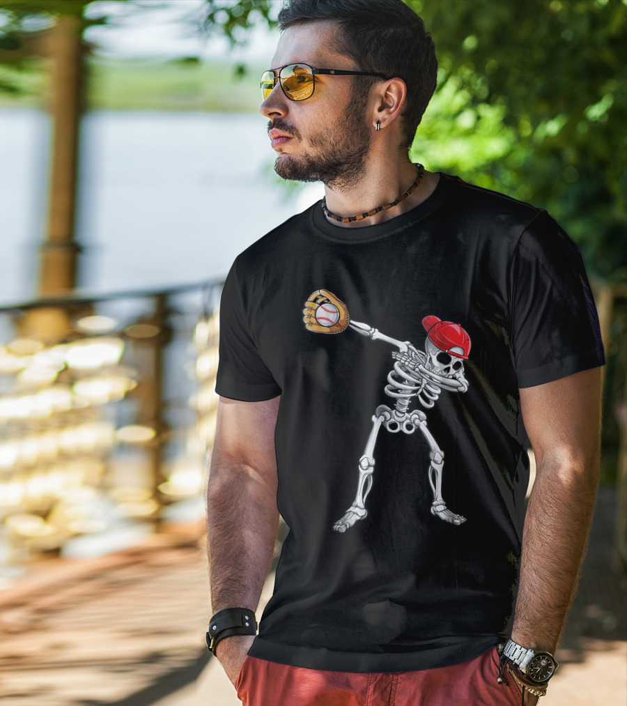 Dabbing Skeleton With Baseball Glove And Cap T-Shirt