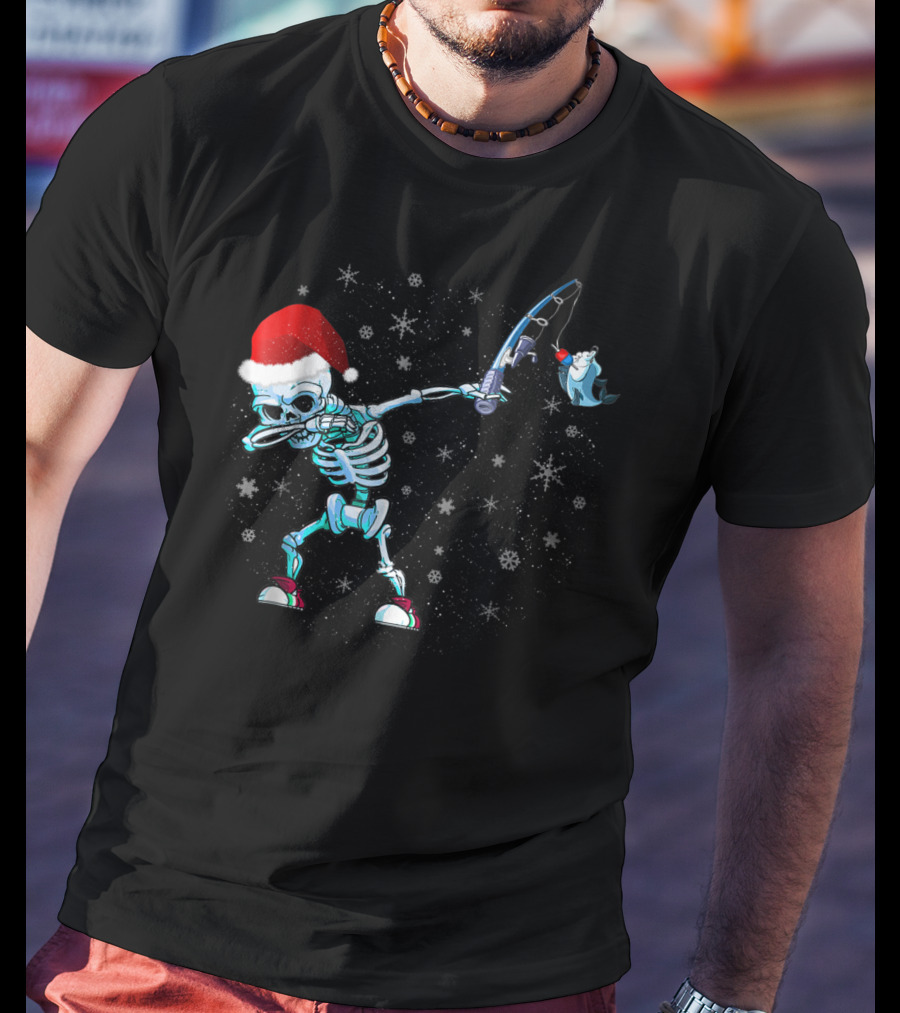 Santa Skeleton Dabbing With Fishing Rod And Shark T-Shirt