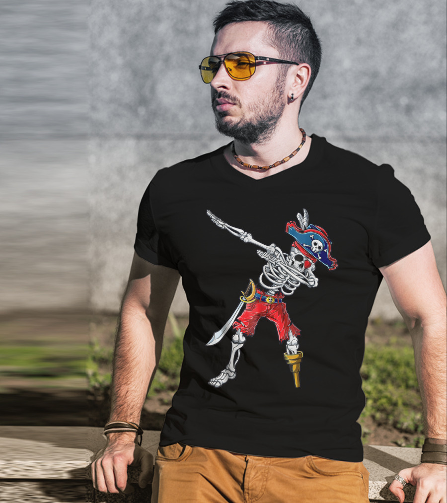 Skeleton Pirate Dabbing In Red Pants And Tricorn Hat With Sword T-Shirt