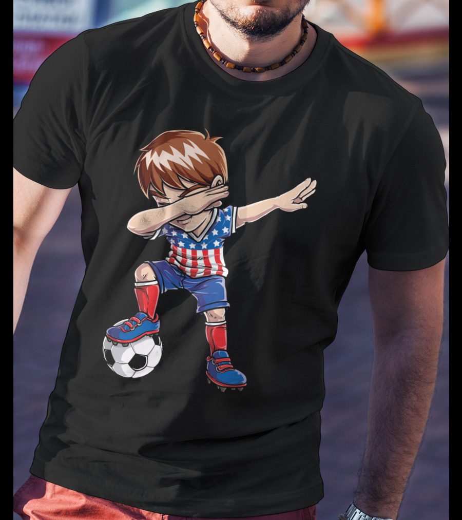Dabbing Boy With Soccer Ball In American Flag Jersey T-Shirt