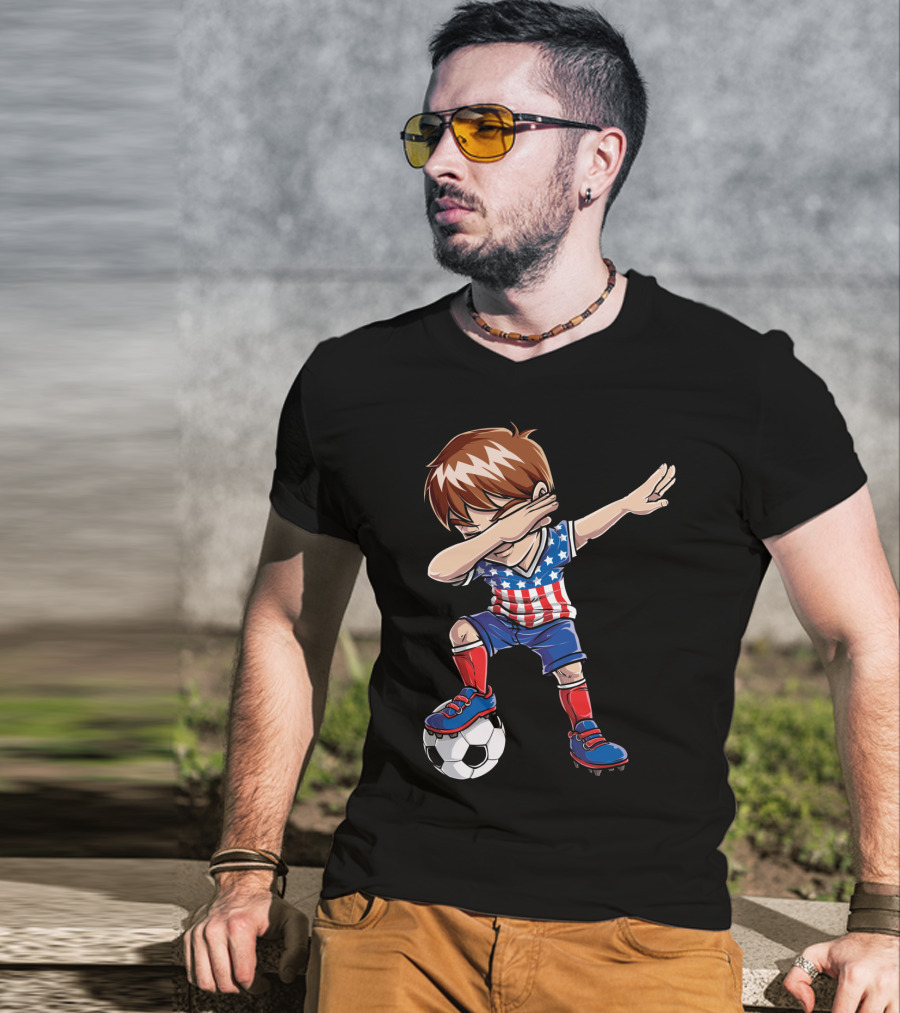 Dabbing Boy With Soccer Ball In American Flag Jersey T-Shirt