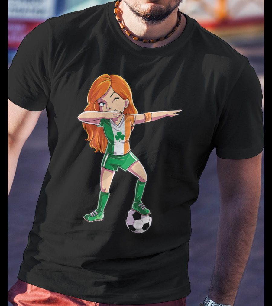 Dabbing Irish Soccer Girl With Shamrock Jersey And Football T-Shirt