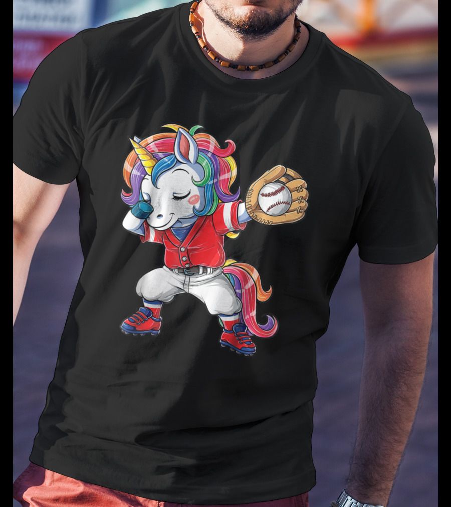 Dabbing Unicorn In Rainbow Baseball Outfit Holding Ball T-Shirt