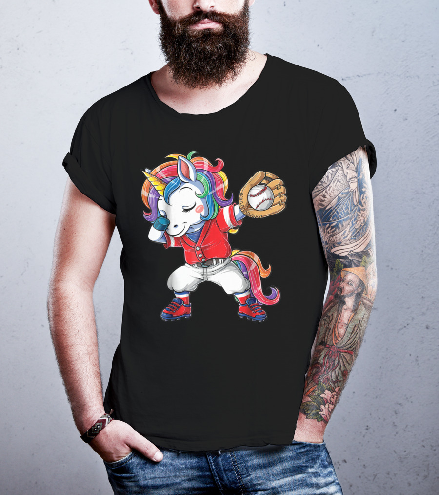 Dabbing Unicorn In Rainbow Baseball Outfit Holding Ball T-Shirt