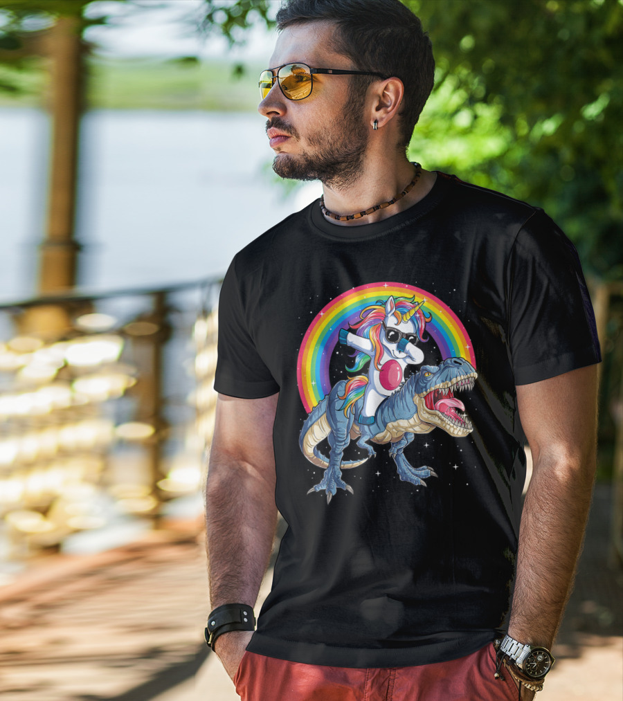 Dabbing Unicorn Riding T-Rex Under Rainbow In Space T-Shirt