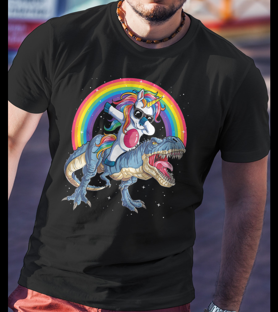 Dabbing Unicorn Riding T-Rex Under Rainbow In Space T-Shirt
