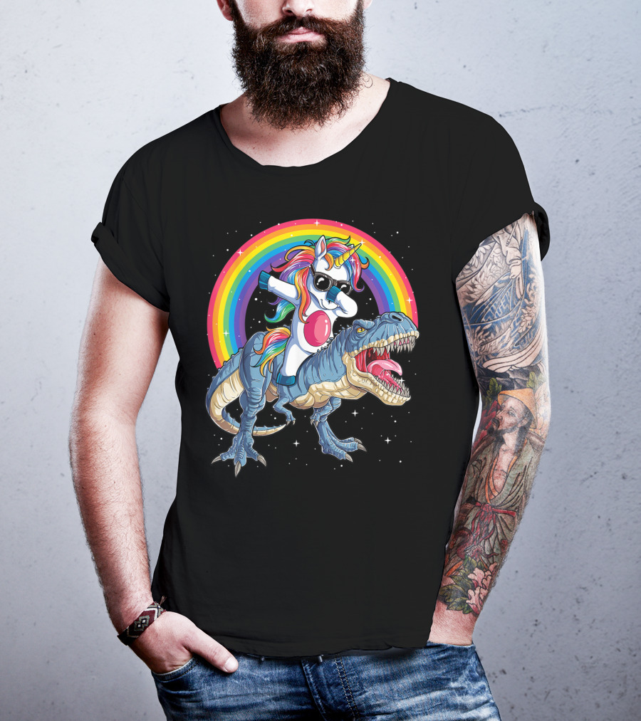 Dabbing Unicorn Riding T-Rex Under Rainbow In Space T-Shirt
