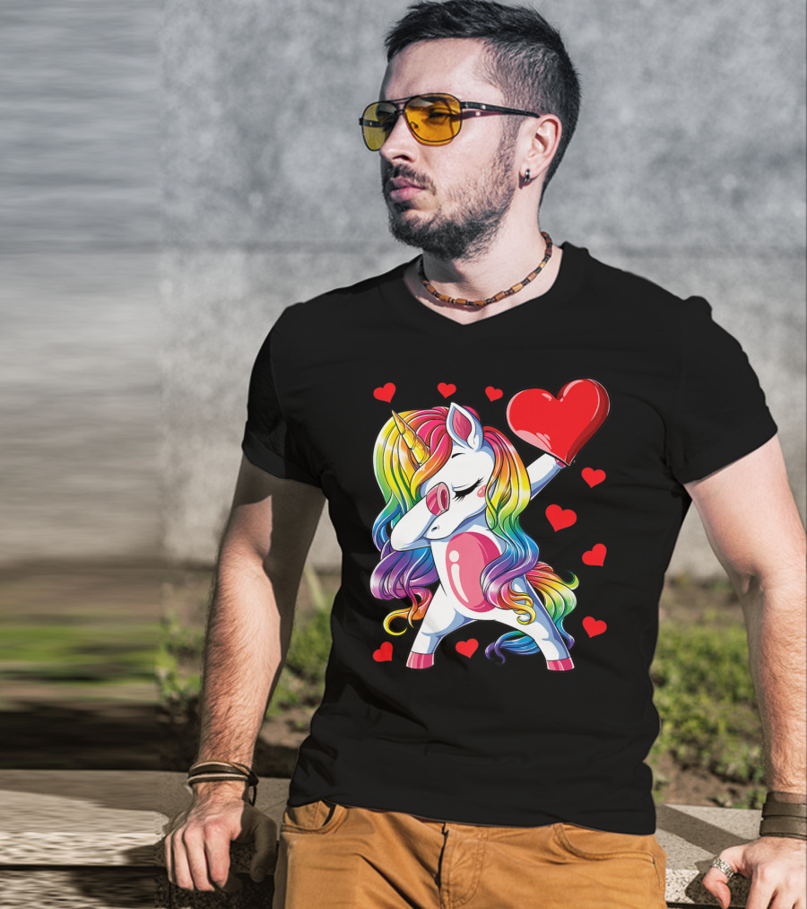 Valentine's Day Rainbow Dabbing Unicorn With Heart And Hearts T-Shirt