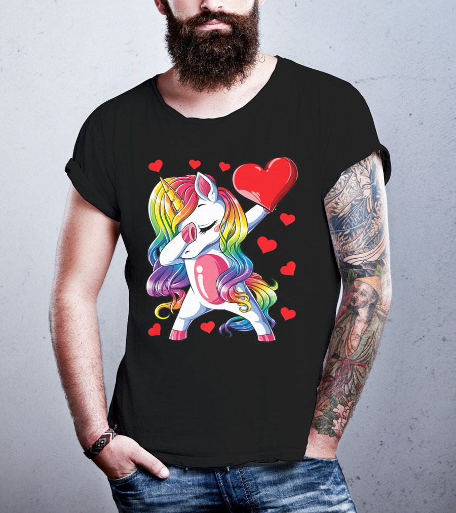 Valentine's Day Rainbow Dabbing Unicorn With Heart And Hearts T-Shirt