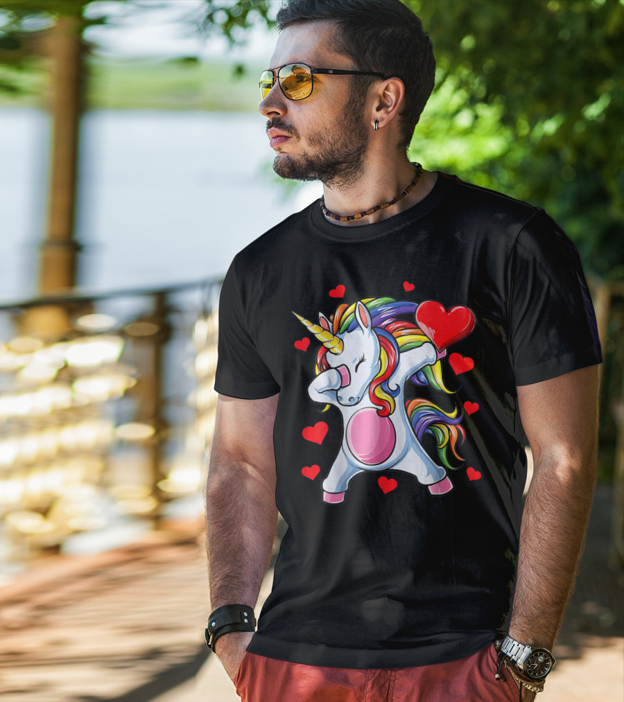 Valentines Day Dabbing Unicorn With Heart Girls T-Shirt