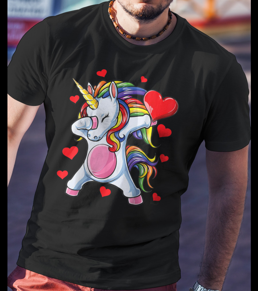Valentines Day Dabbing Unicorn With Heart Girls T-Shirt