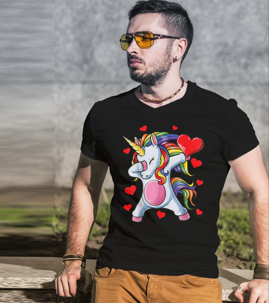 Valentines Day Dabbing Unicorn With Heart Girls T-Shirt