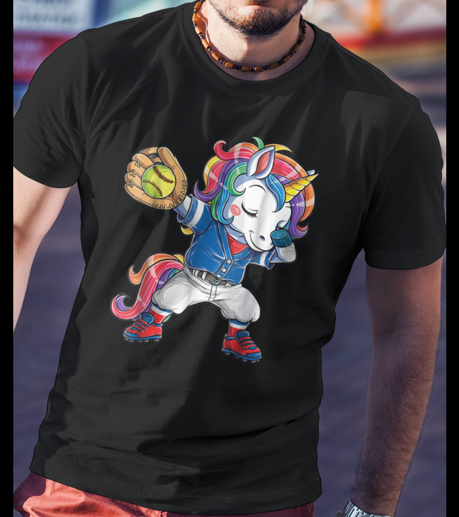 Dabbing Rainbow Unicorn In Softball Uniform Girls Dab T-Shirt