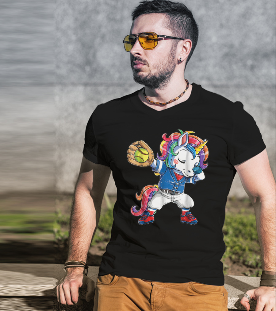 Dabbing Rainbow Unicorn In Softball Uniform Girls Dab T-Shirt