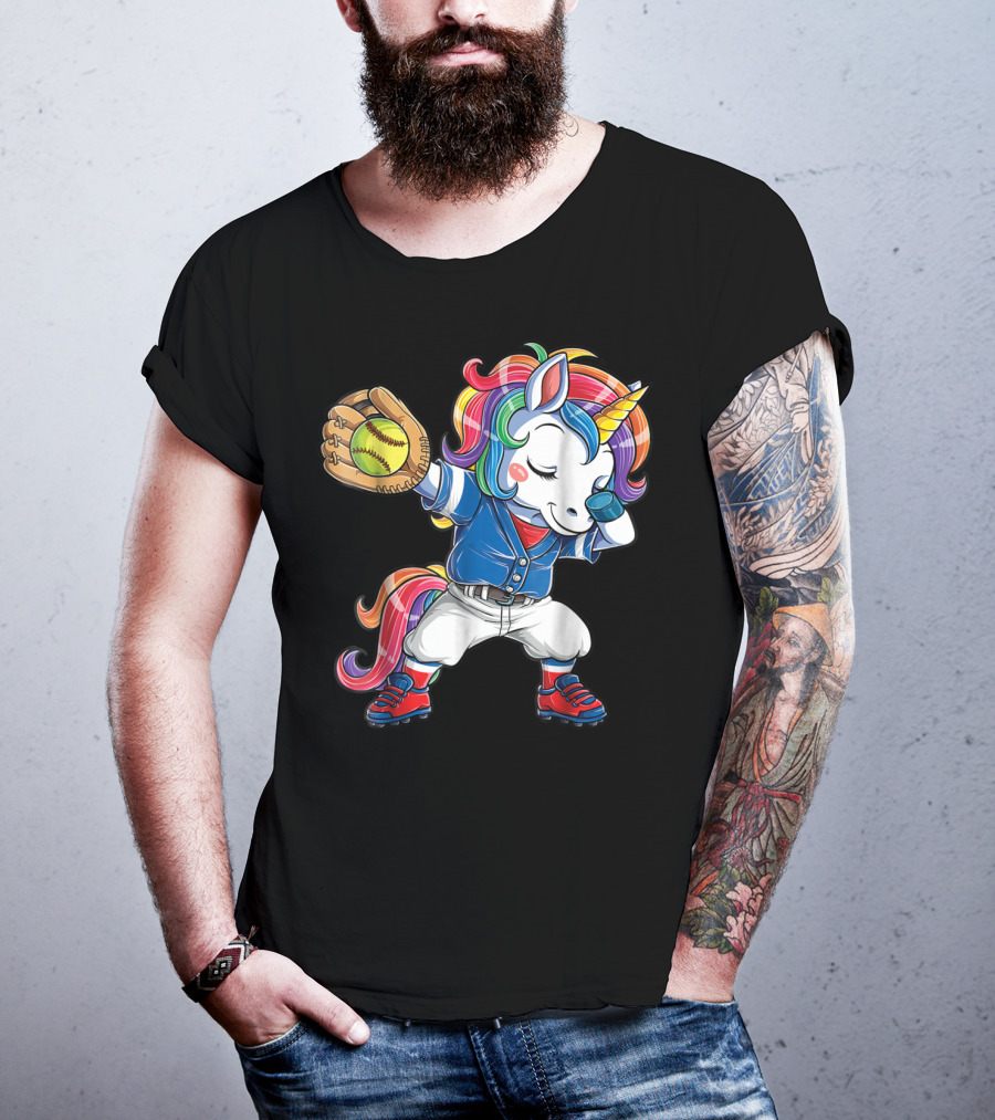 Dabbing Rainbow Unicorn In Softball Uniform Girls Dab T-Shirt
