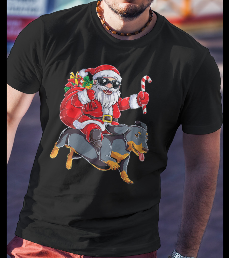 Santa Claus Riding Dachshund With Candy Cane And Presents T-Shirt
