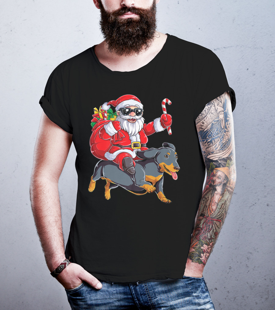 Santa Claus Riding Dachshund With Candy Cane And Presents T-Shirt