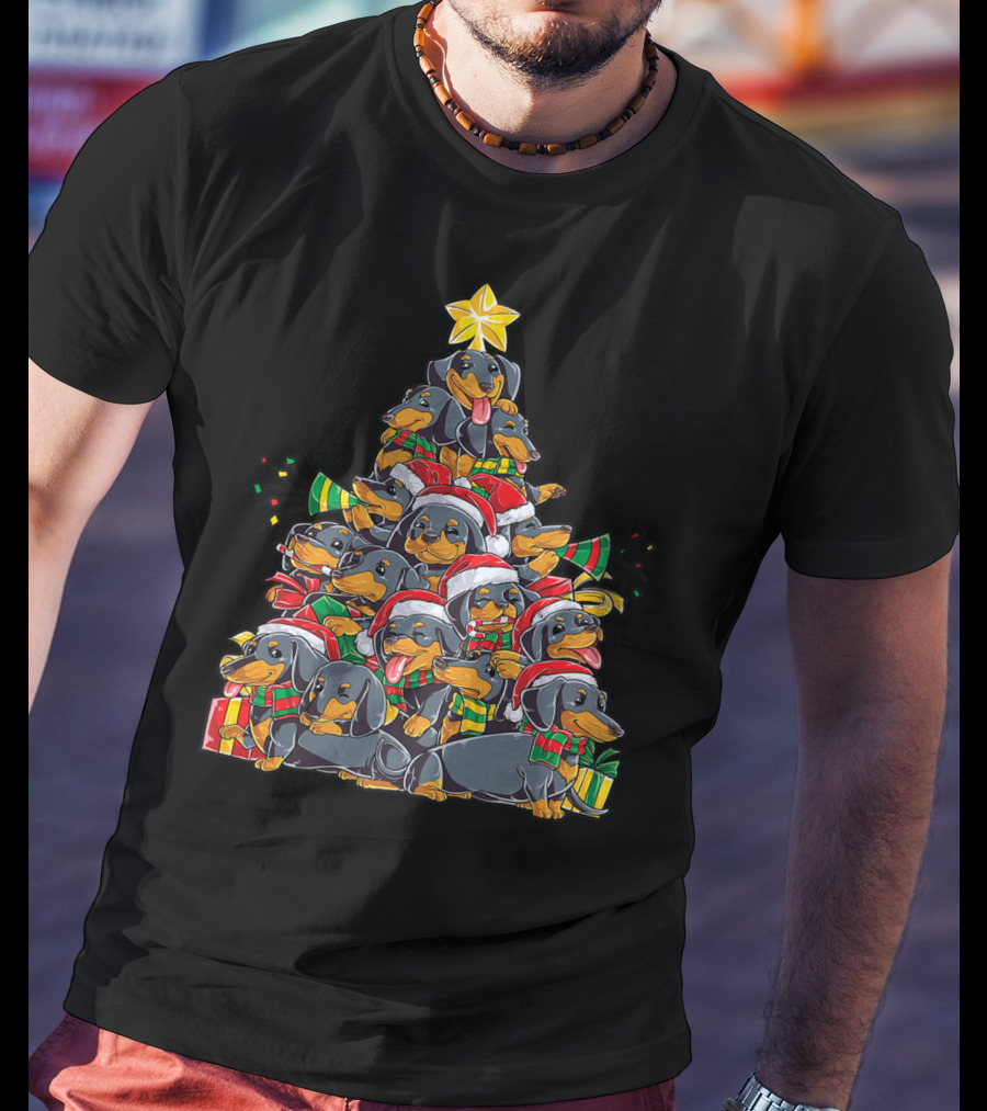Dachshund Christmas Tree With Santa Hats And Gifts T-Shirt
