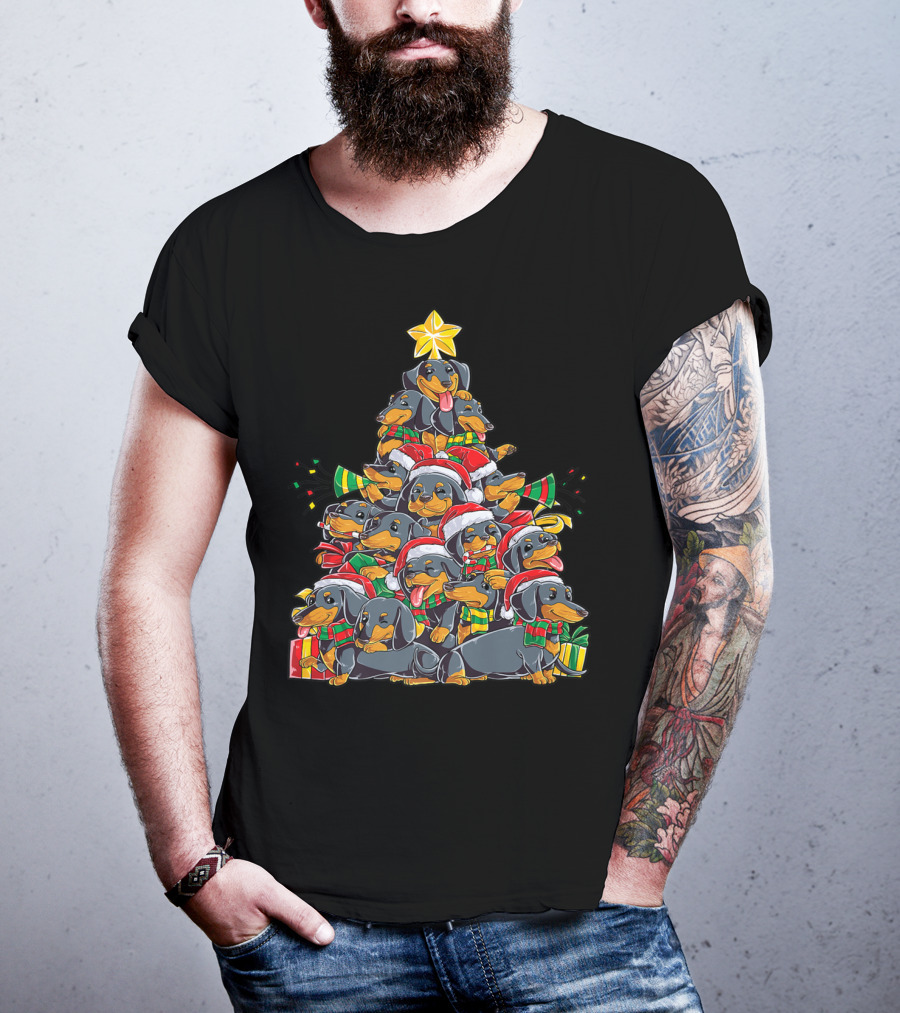 Dachshund Christmas Tree With Santa Hats And Gifts T-Shirt