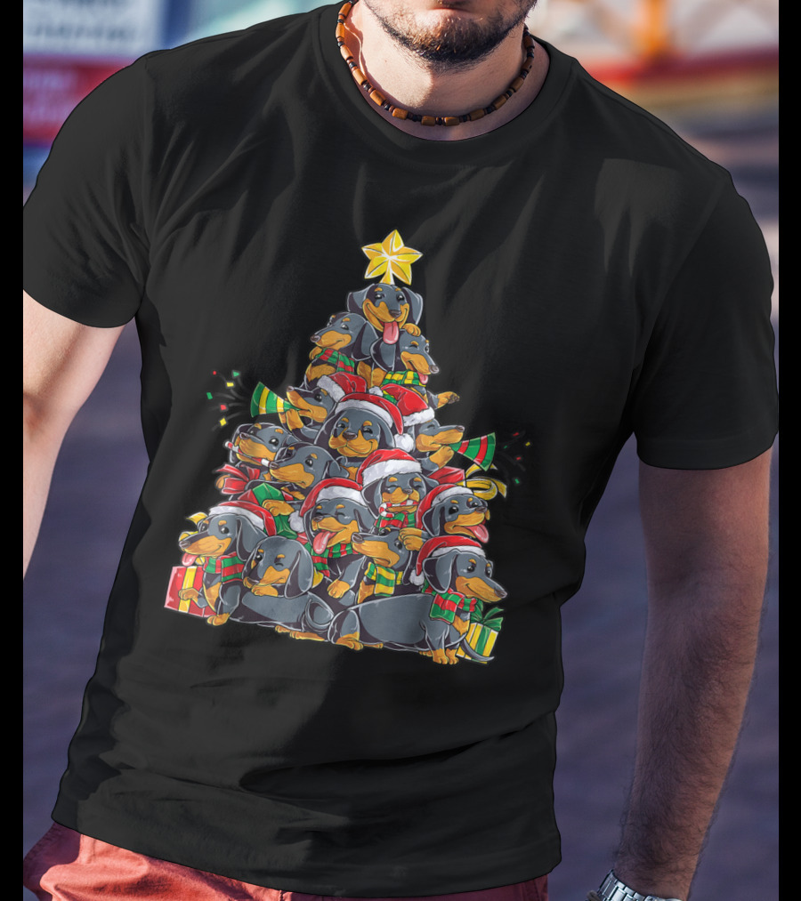 Dachshund Xmas Tree With Santa Hats And Gifts T-Shirt