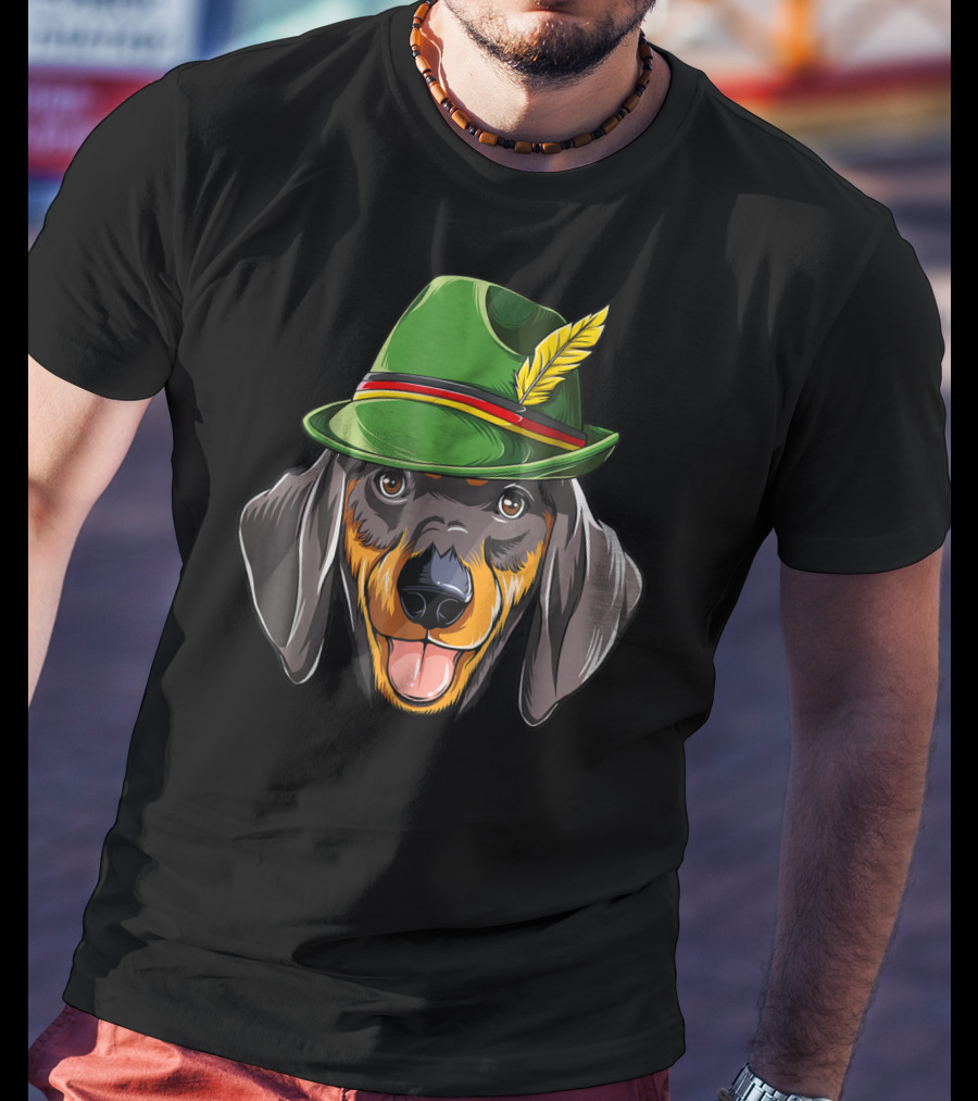 Dachshund Oktoberfest Kids Boys Lederhosen Dog In Green Hat With Feather T-Shirt