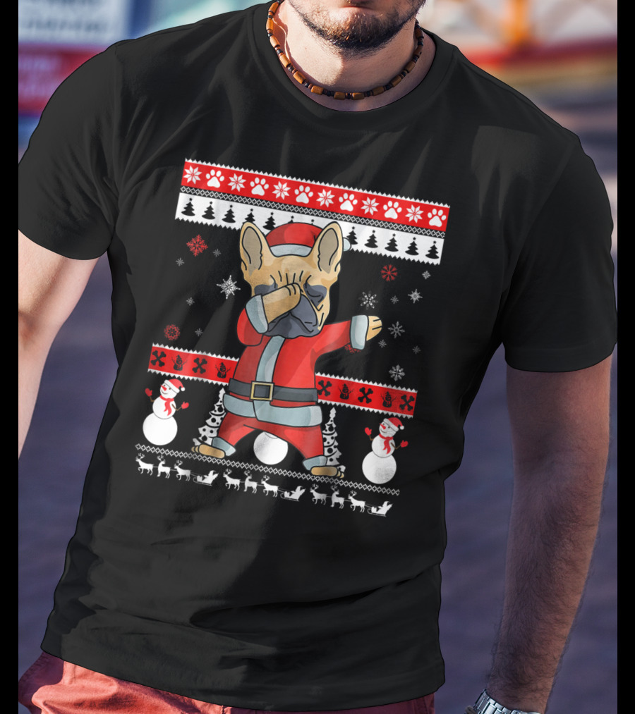 Dabbing French Bulldog Christmas Santa Ugly Sweater Snowflakes Snowmen T-Shirt